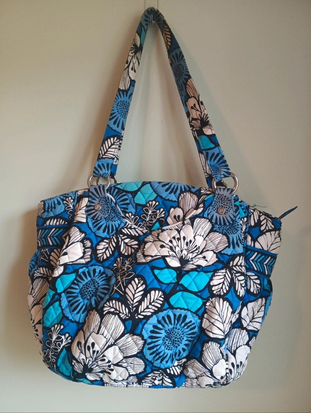 Vera Bradley Blue Bayou Quilted Floral Tote Bag in Blue and White